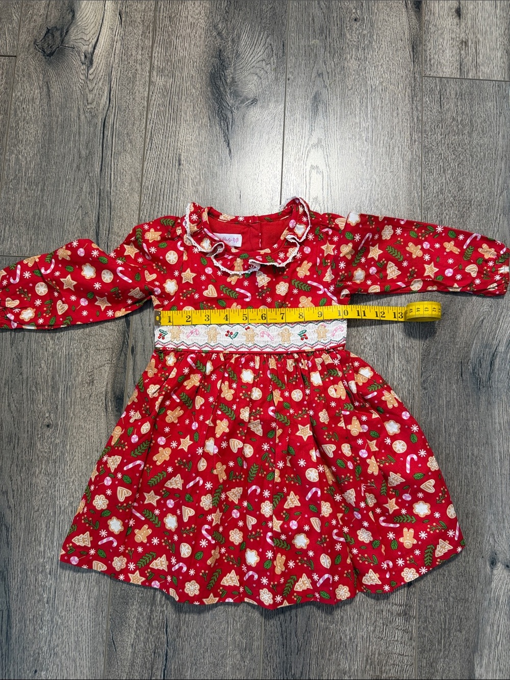 Bonnie Baby Red Holiday Smocked Long-Sleeve Dress with Festive Print - Picture 6 of 7